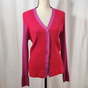 LOFT Women's Pink and Red V-Neck Button Up Sweater Size XL